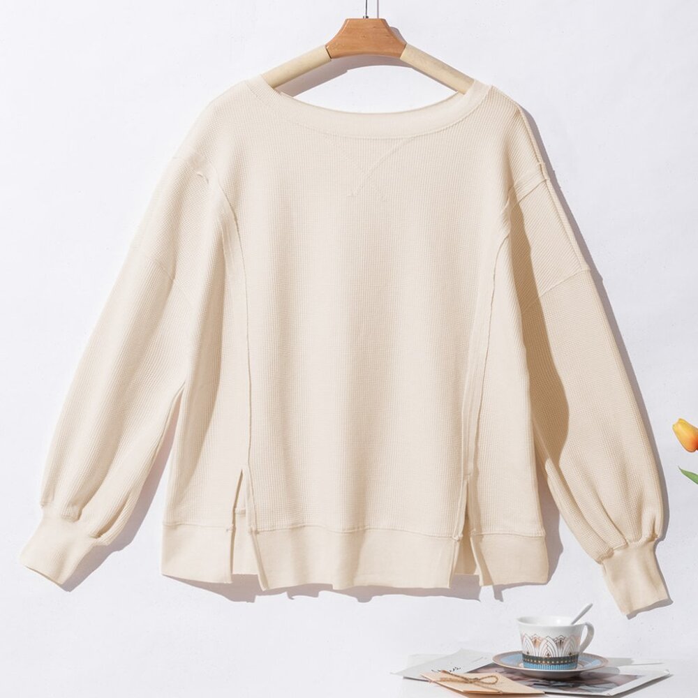 White Waffle knit Bishop Sleeve Split Oversized Top